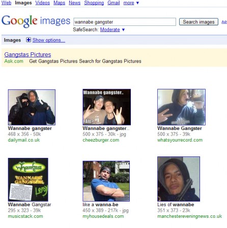 Google's search results for "Wannabe Gangster" on 11/4/2009.