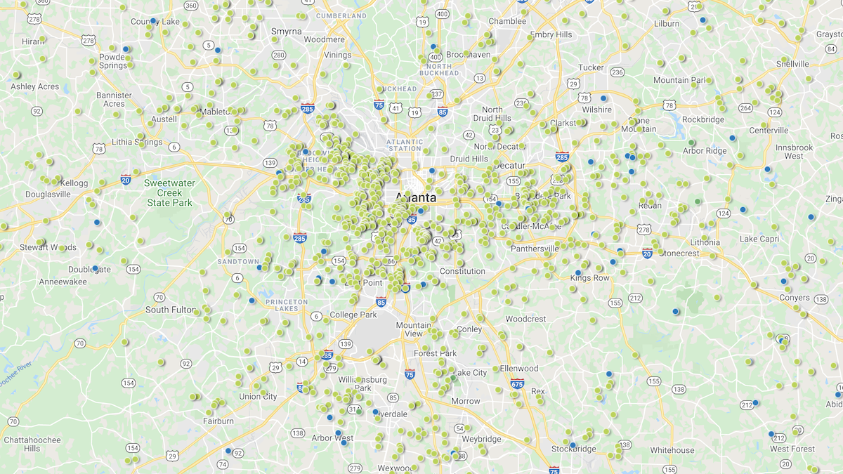 Heat map showing the investment property deals in the Atlanta market area