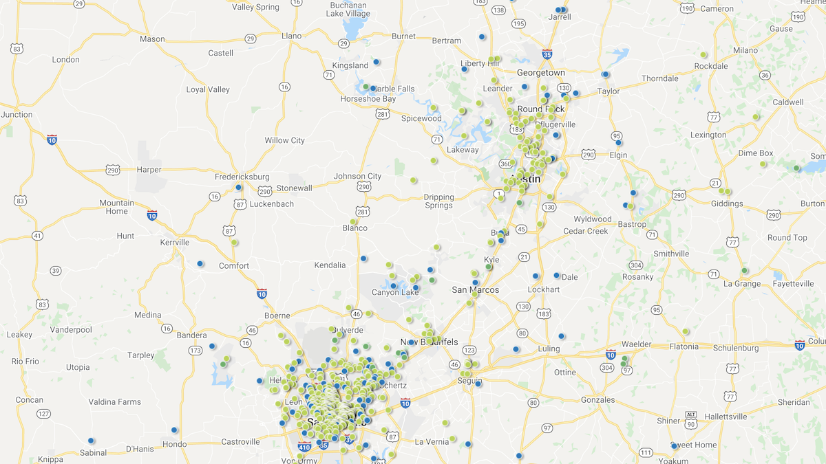 Heat map showing the investment property deals in the Central Texas market area