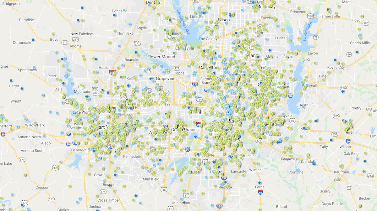 Heat map showing the investment property deals in the Dallas/Fort-Worth market area