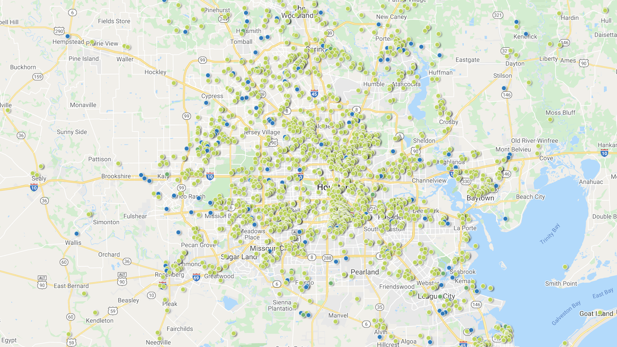 Heat map showing the investment property deals in the Houston market area