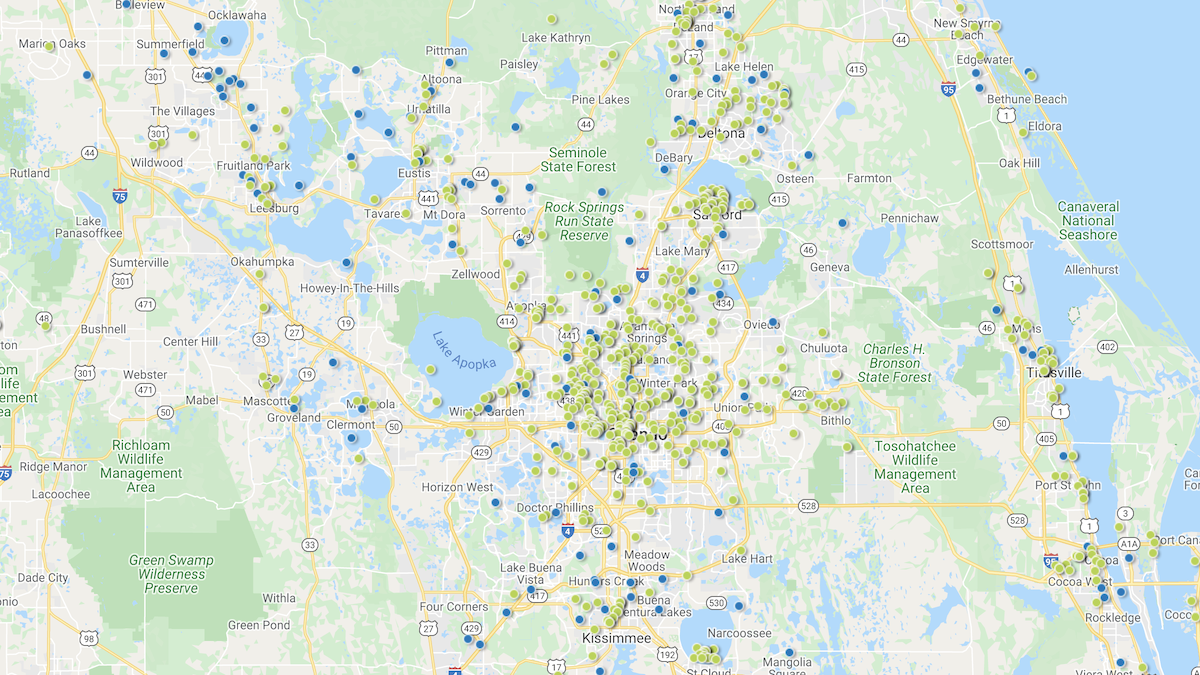 Heat map showing the investment property deals in the Orlando-Daytona Beach-Melbourne market area