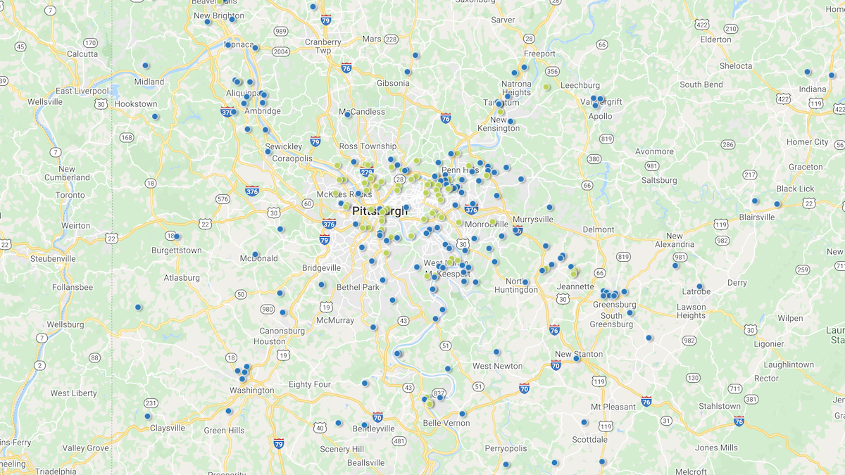 Heat map showing the investment property deals in the Pittsburgh market area