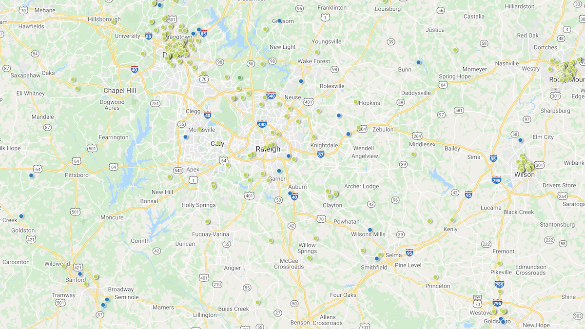 Heat map showing the investment property deals in the Raleigh-Durham market area