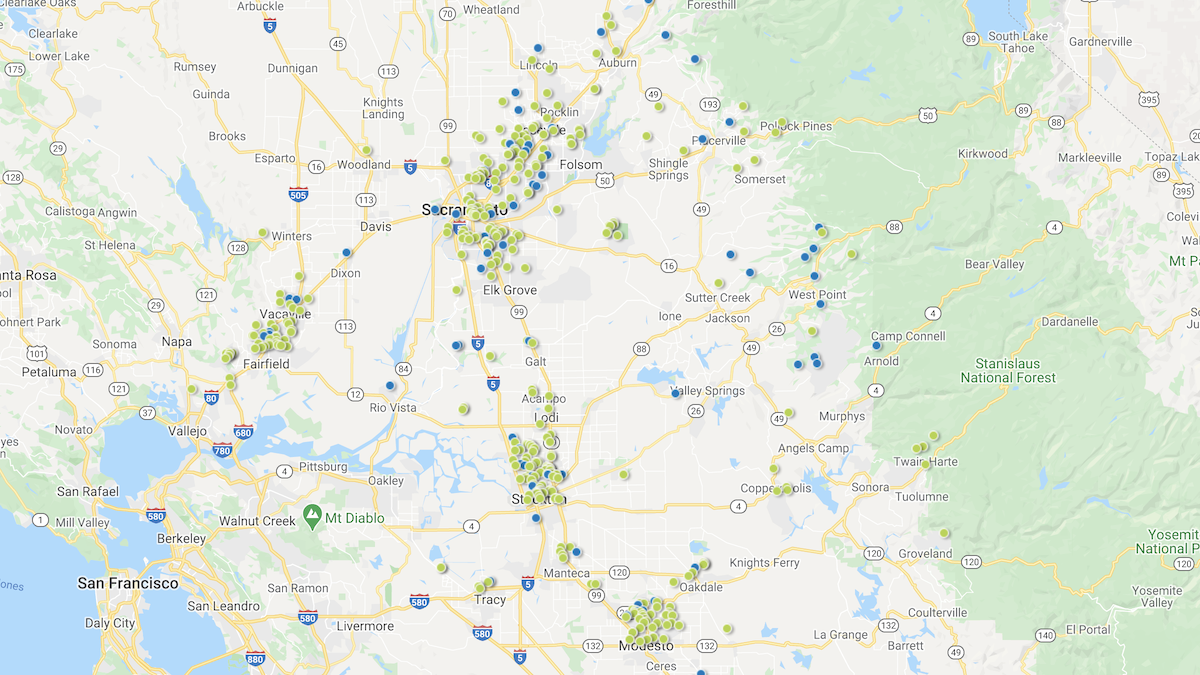 Heat map showing the investment property deals in the Sacramento-Stockton-Modesto market area