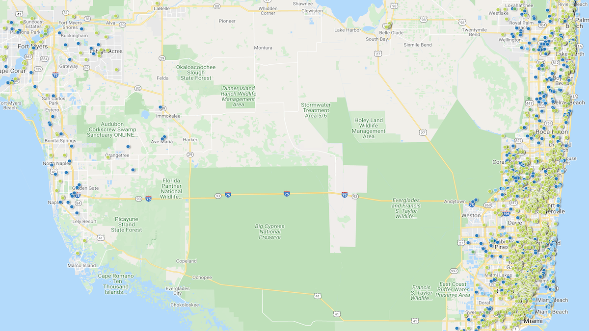 Heat map showing the investment property deals in the South Florida market area