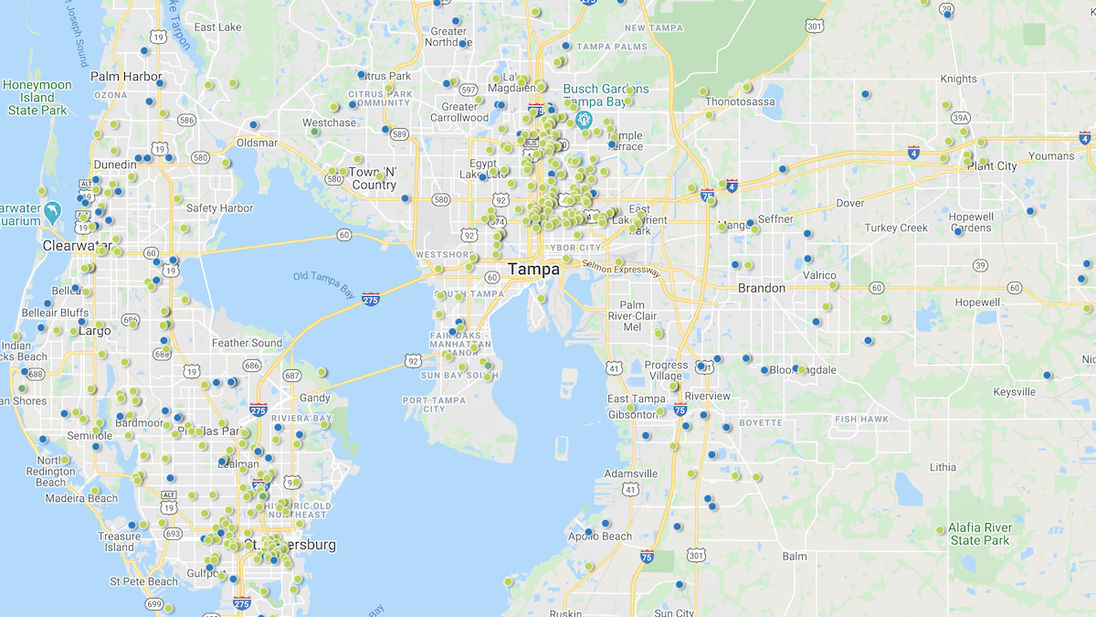 Heat map showing the investment property deals in the Tampa Bay market area