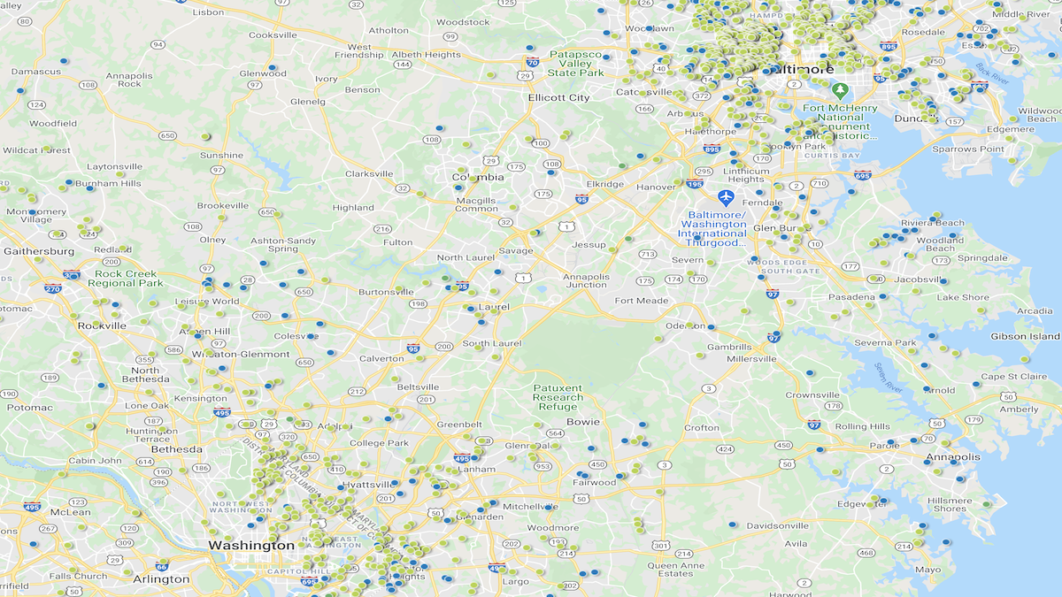 Heat map showing the investment property deals in the Washington DC market area