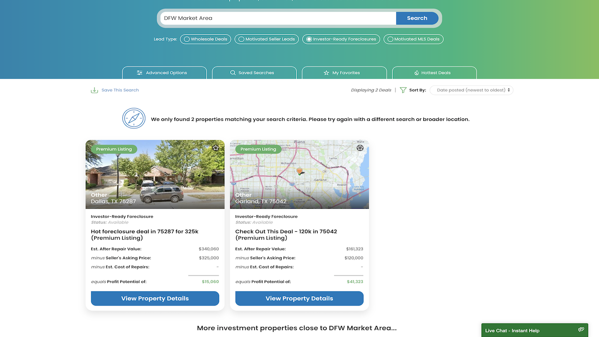 An image of two investor-ready foreclosure deals in the DFW Area to compare what motivated mls deals to