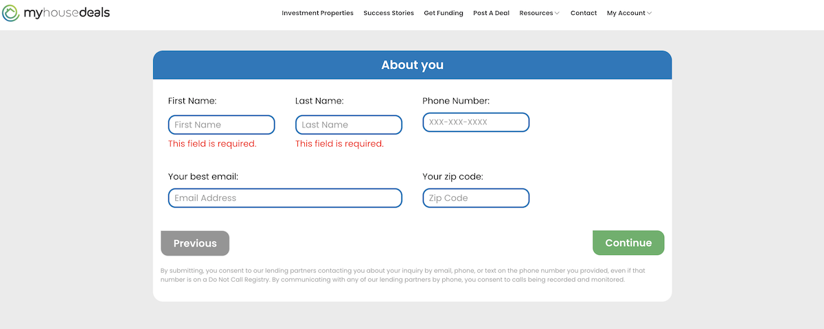 A screenshot of the final step in the process, telling us some information about you to provide the private money lender with