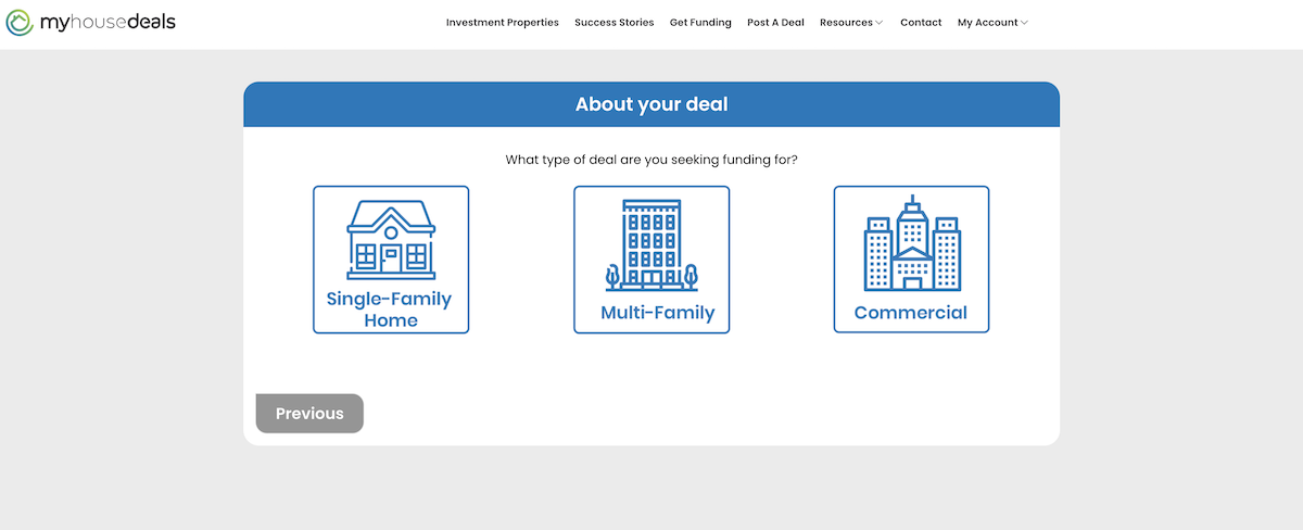 A screenshot of the first step in the process to find a private money lender: what type of property is it?