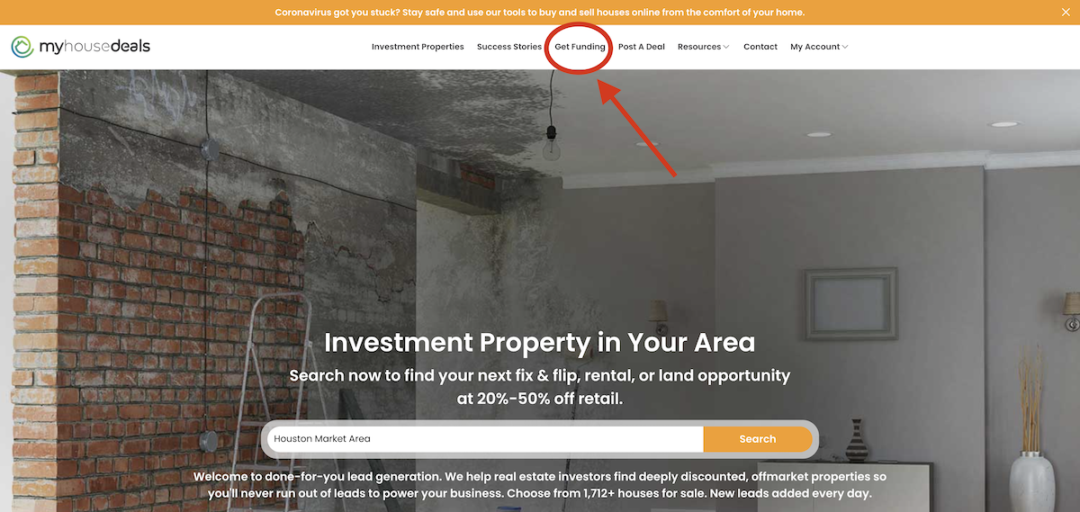 A screenshot of our home page telling investors where to go to find the get funding funnel to find a private money lender.