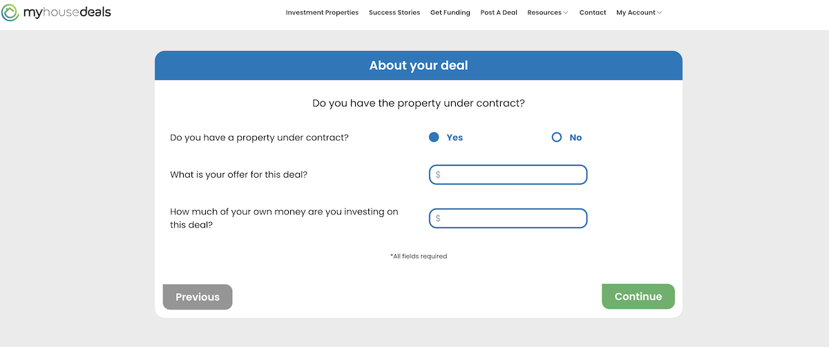 A screenshot of our funnel, asking if you have the property under a contract or not