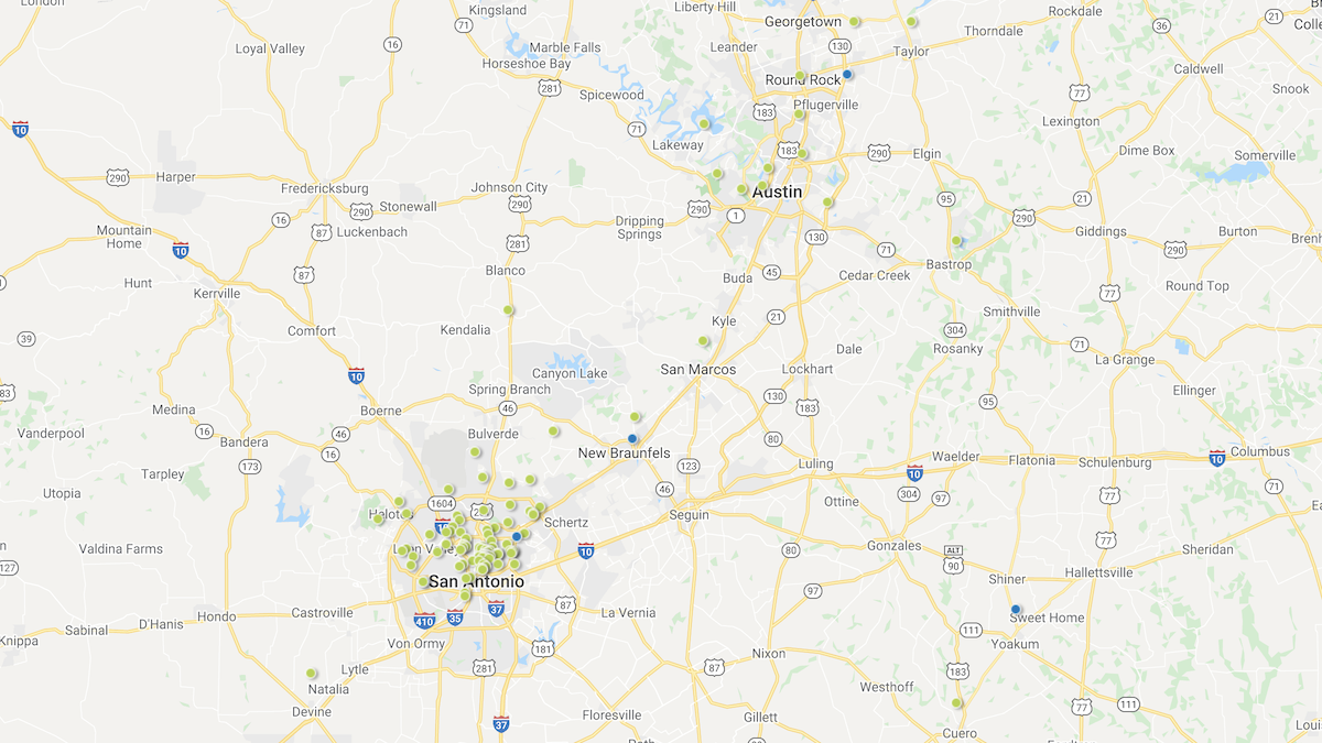 A heatmap picturing investment properties in the Central Texas market area.