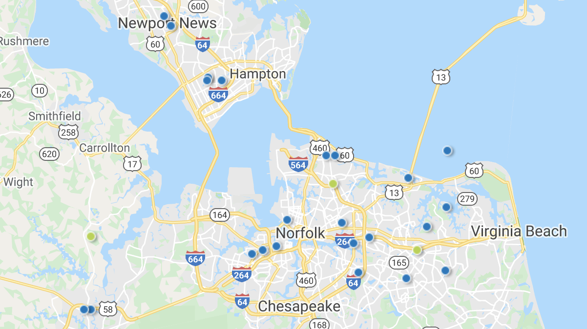 A heatmap picturing investment properties in the Hampton Roads market area.