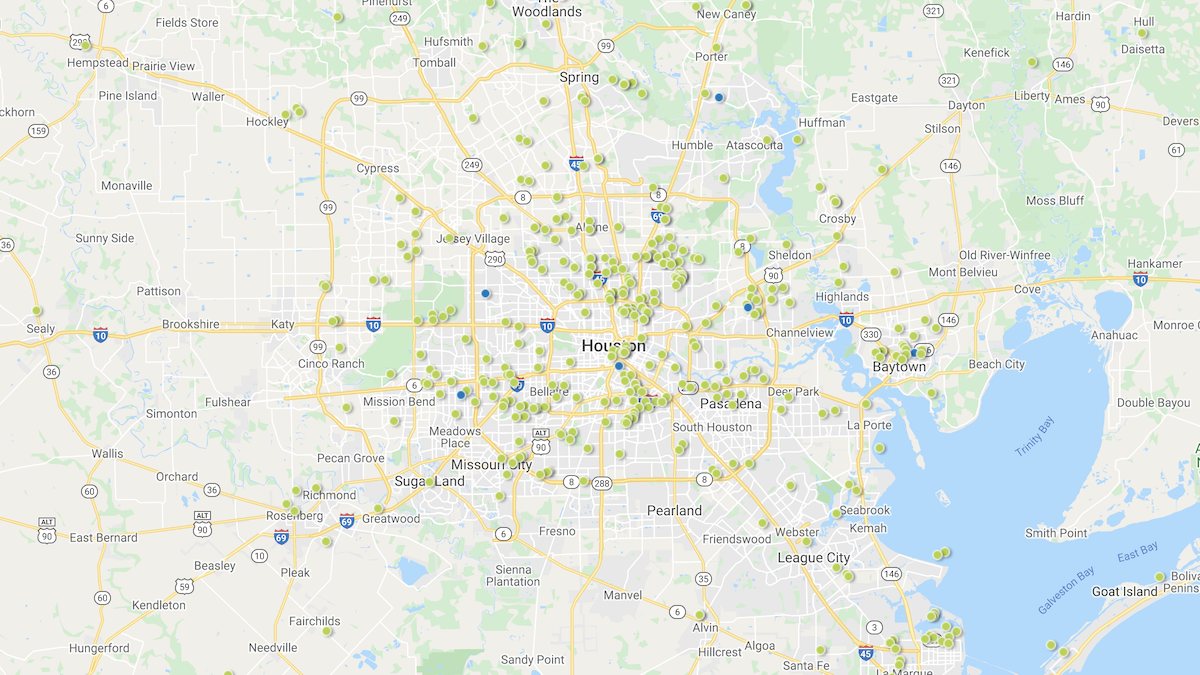 A heatmap picturing investment properties in the Houston market area.