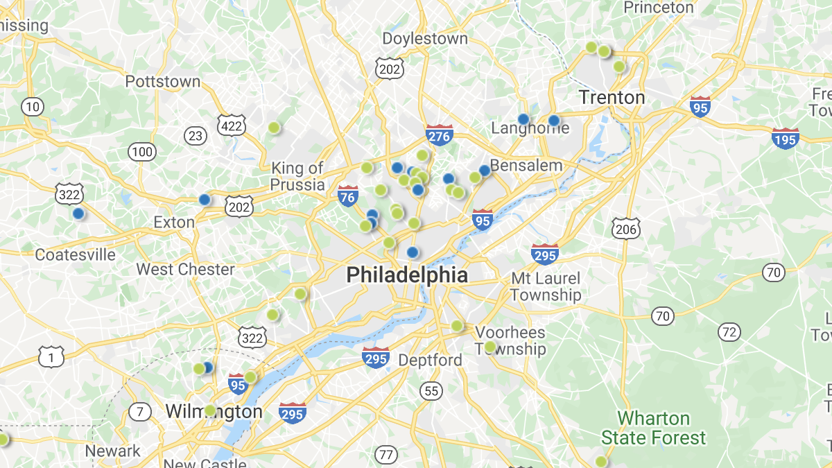 A heatmap picturing investment properties in the Philidelphia market area.