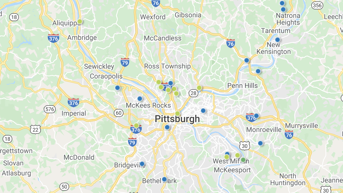 A heatmap picturing investment properties in the Pittsburgh market area.