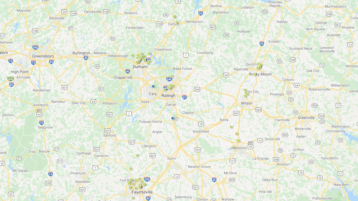 A heatmap picturing investment properties in the Raleigh-Durham market area.