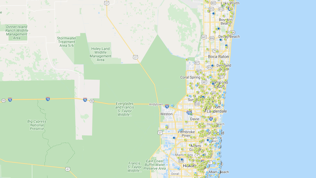 A heatmap picturing investment properties in the South Florida market area.