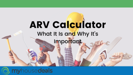Various hands holding construction tools behind text that reads "ARV Calculator: What It Is and Why It's Important" with green and blue background