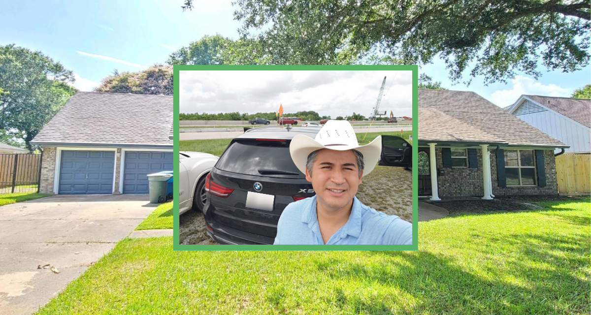 Background image of a house and its front yard with an overlaid image featuring a man in a cowboy hat standing in front of a car