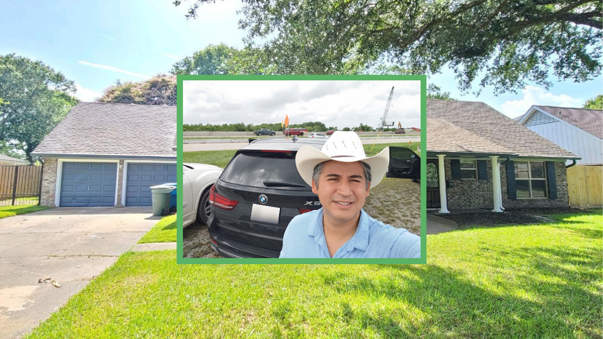 Background image of a house and its front yard with an overlaid image featuring a man in a cowboy hat standing in front of a car