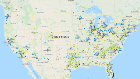 Map of the United States with pins in it showing where deals happened