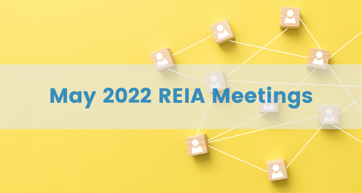 Yellow background with wooden avatars with lines connecting them, text that says "May 2022 REIA Meetings"