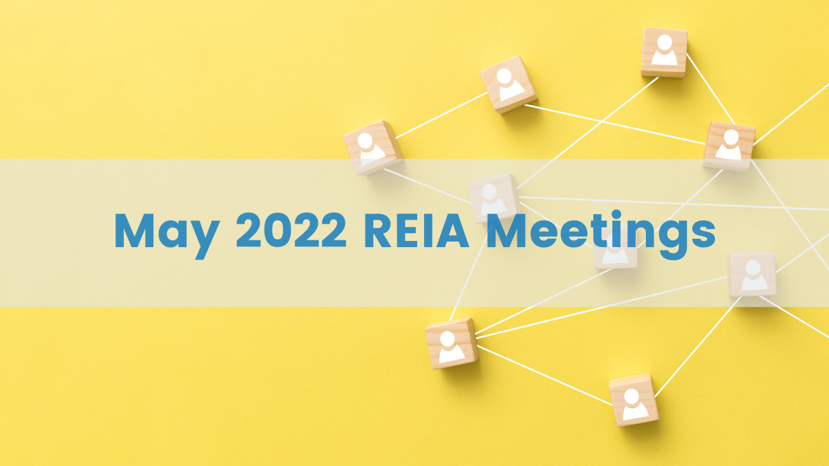 Yellow background with wooden avatars with lines connecting them, text that says "May 2022 REIA Meetings"