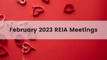 A red background with hearts and text reading, February 2023 REIA Meetings