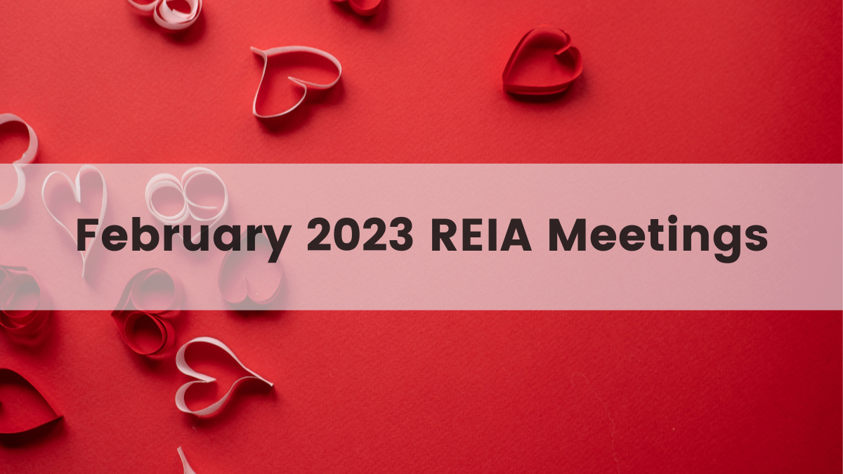A red background with hearts and text reading, February 2023 REIA Meetings